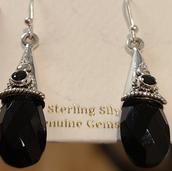 SHIVAM STERLING SILVER BLACK ONYX CONE TEARDROP TRIBAL ETCHED EARRINGS - Picture 6 of 9